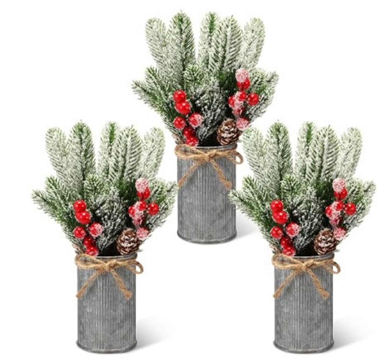 Christmas Centrepiece Table Decorations 3 Sets Floral Arrangement for Christmas Christmas Decor for Table Indoor Kitchen Shelf Mantle Farmhouse Galvanised Pot with Pine Cone Red Holly Berry Pick (Tin Colour)